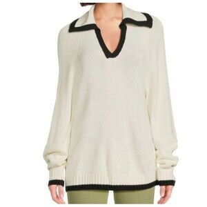 WeWoreWhat Contrast Trim Split Collar Sweater Ivory Black V Neck NWT - Medium